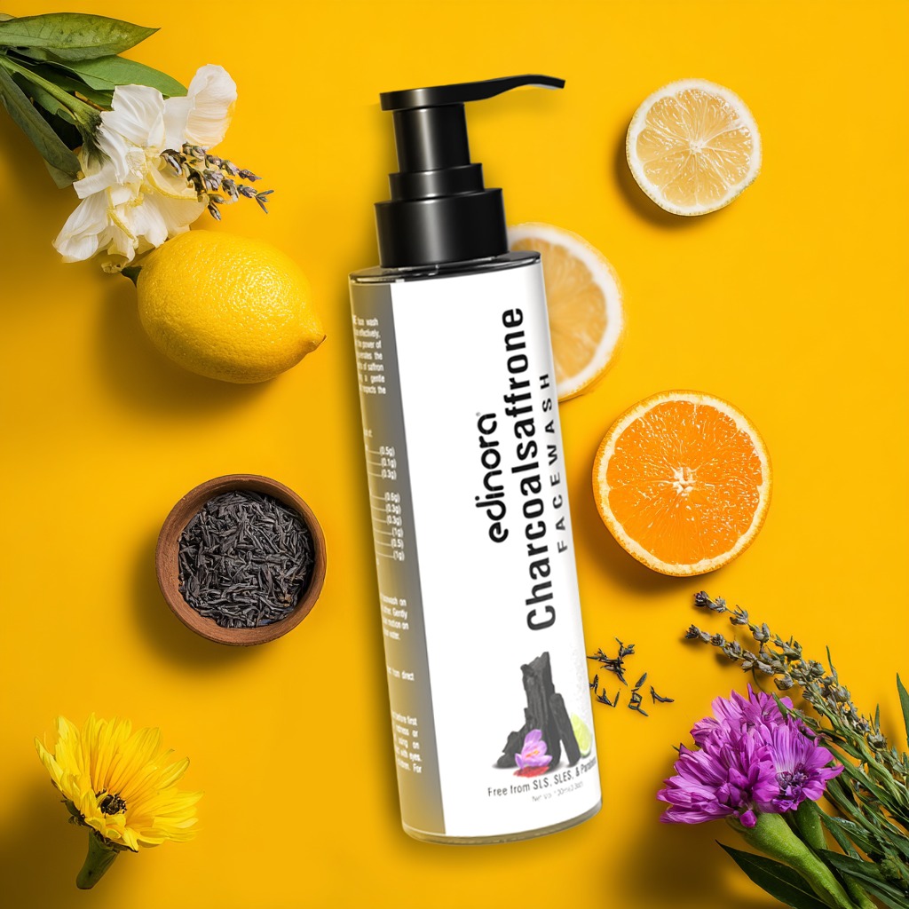 Edinora Charcoal Saffron facewash | Safe Ingredients | No SLS, parabens | For Deep Skin Cleansing, Fights Acne, Pimple | 100ml
