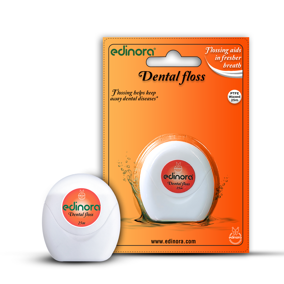 Edinora Dental Floss | For interdental cleaning and improved mouth health | 25m long, PTFE waxed dental floss 